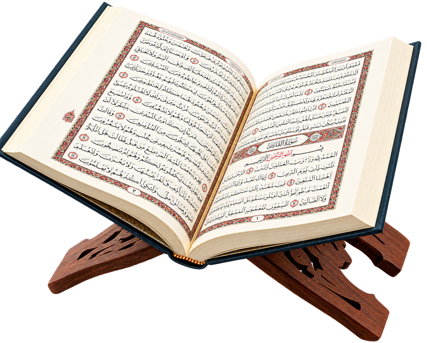 An open Qur'an on a wooden stand